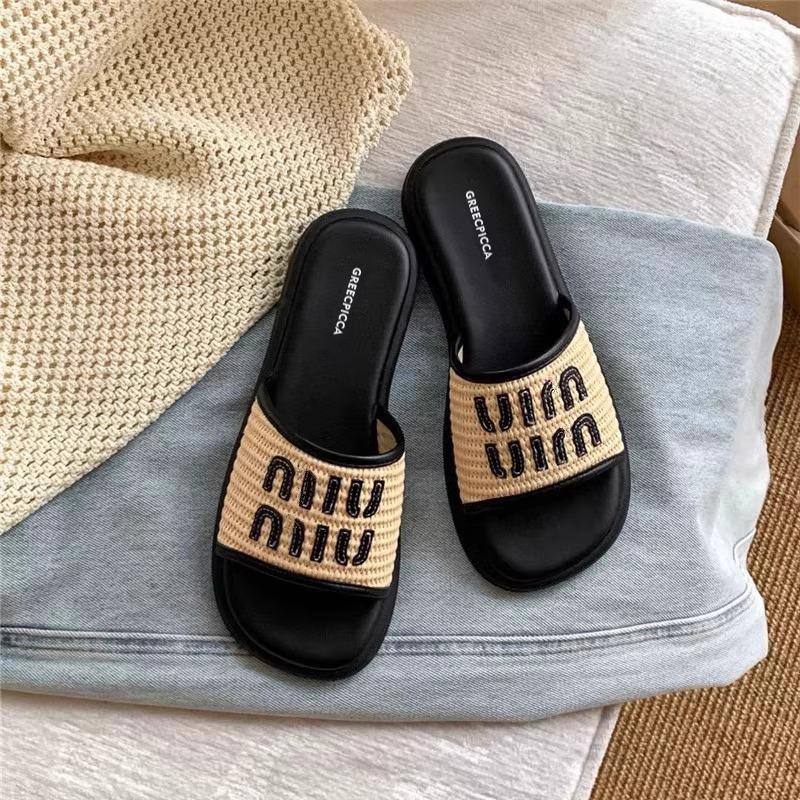 Sheepskin version! Ah Min's holiday woven flat-bottomed slippers for women's summer wear new casual beach one-word sandals