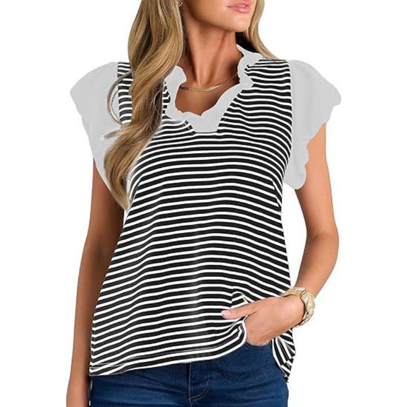 YYFS Women's Fashion Casual Summer Spring Stripe Print Short Sleeve V-Neck Blouses & Shirts