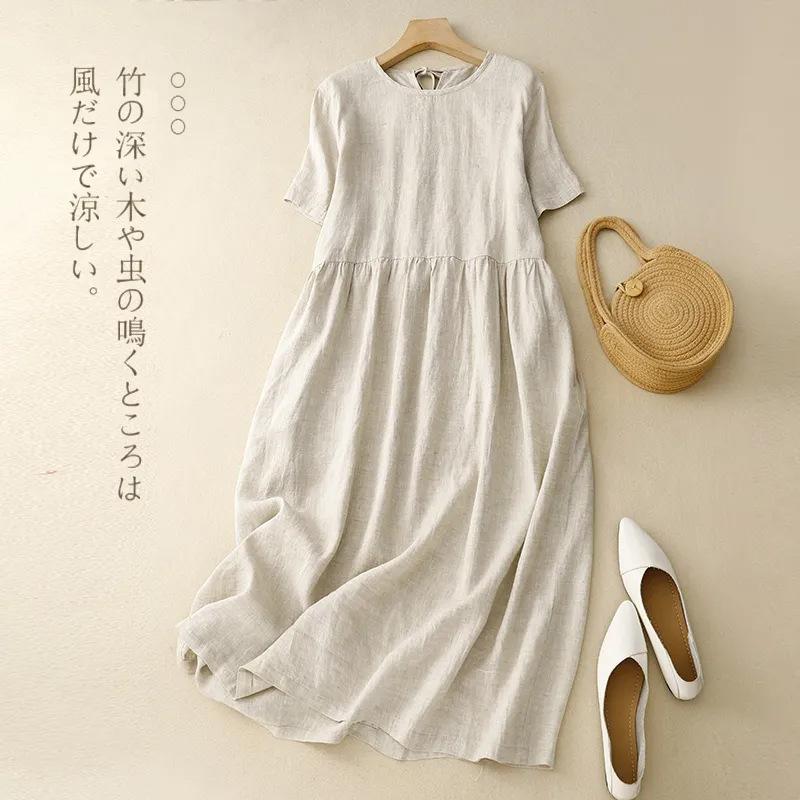 Summer Women Linen Cotton Midi Dress Round Neck Short Sleeve Loose A Line Casual Vintage Long Dress Plus Size