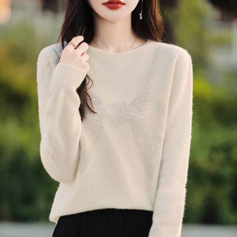 Женский осенне-зимний вязаный свитер с круглым вырезом и длинными рукавами, элегантные топы с бантом для поездок на работу XXS бежевый