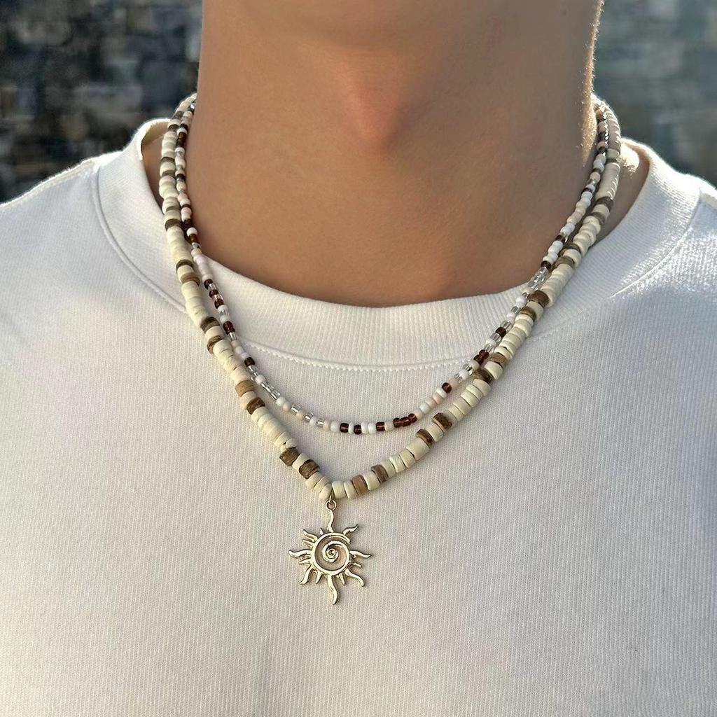 Stainless Steel Sun Pendant Coconut Shell Bead Necklace