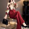 Spring Autumn Women Temperament Elegant Countryside Style Chinese High-end Feeling Red Flower Top Suit Pants Two-piece Set