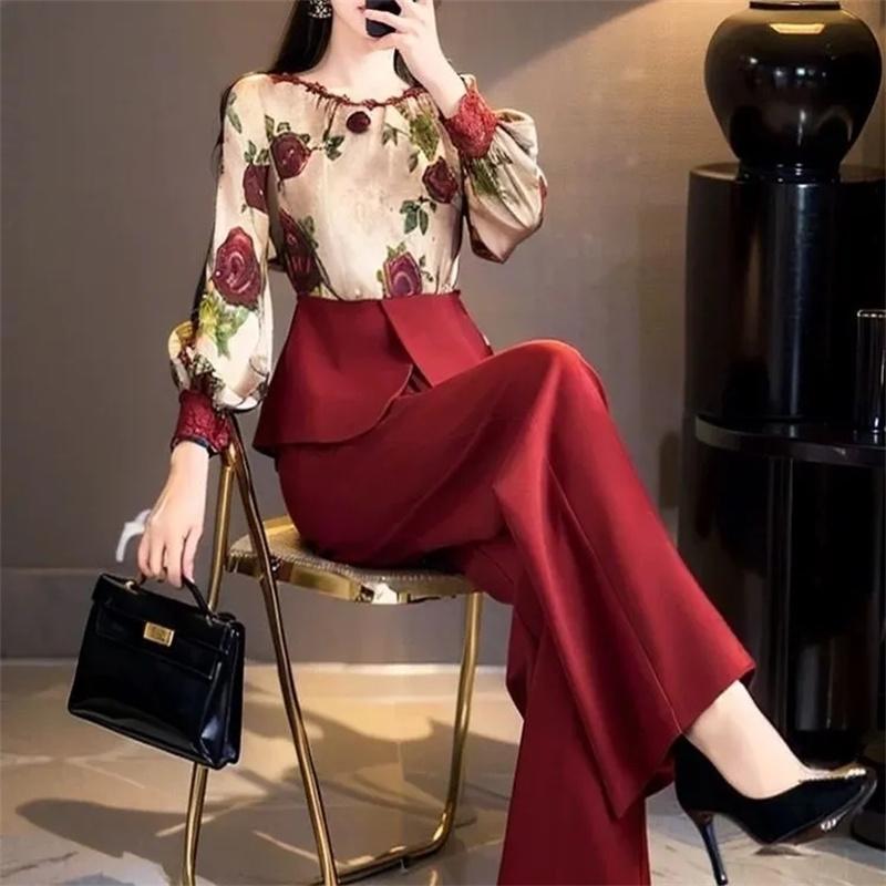 Spring Autumn Women Temperament Elegant Countryside Style Chinese High-end Feeling Red Flower Top Suit Pants Two-piece Set