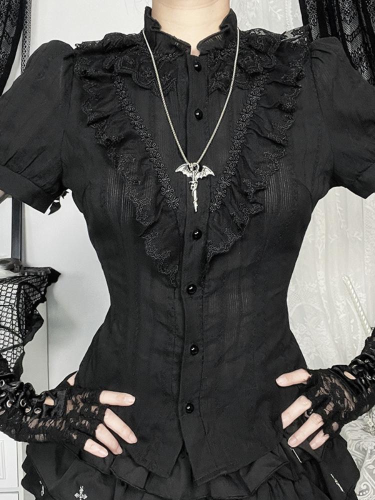 Süße Lolita Baumwollhemden Damen Vintage Gothic Schwarz Weiß Jacquard Kurzarmblusen Elegante Büro Dame Y2k Oberteile