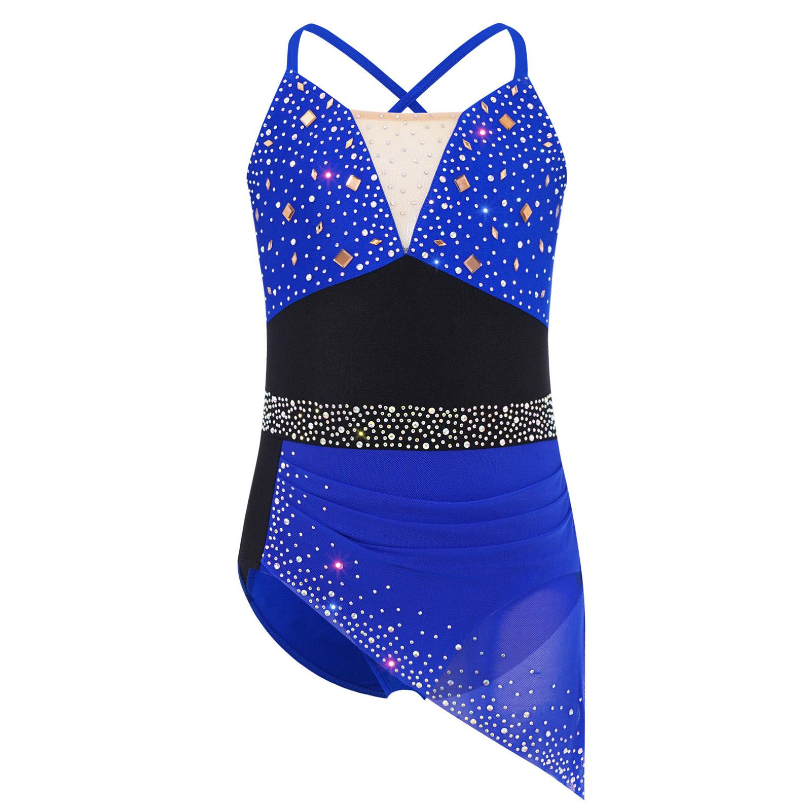 

Сукня для фігурного катання для дівчаток з перехрещеною спинкою, на бретелях-спагеті, зі стразами, з драпіруванням, асиметрична сітчаста сукня 5-6 Years королівський синій колір