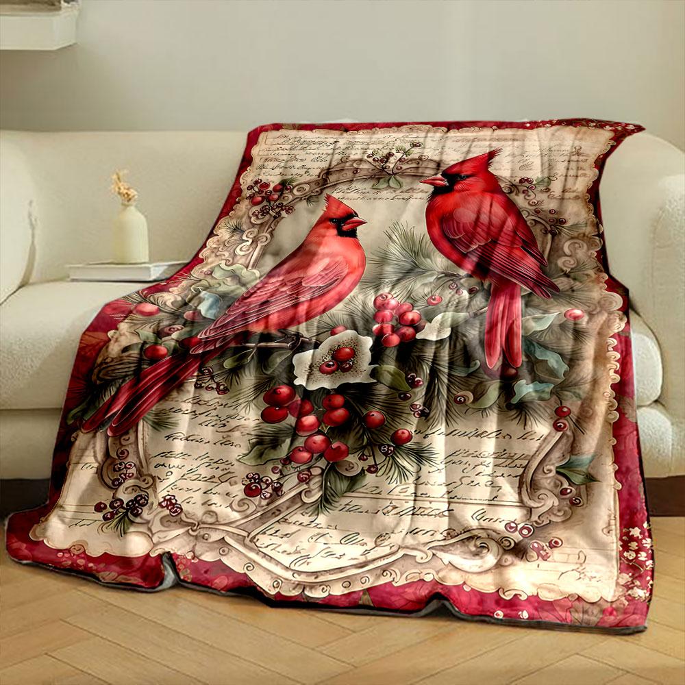 Vintage Christmas Cardinal Bird Print Blanket bedroom Blanket for Livingroom Couch lunch break Soft throw for Friend's festival Gift