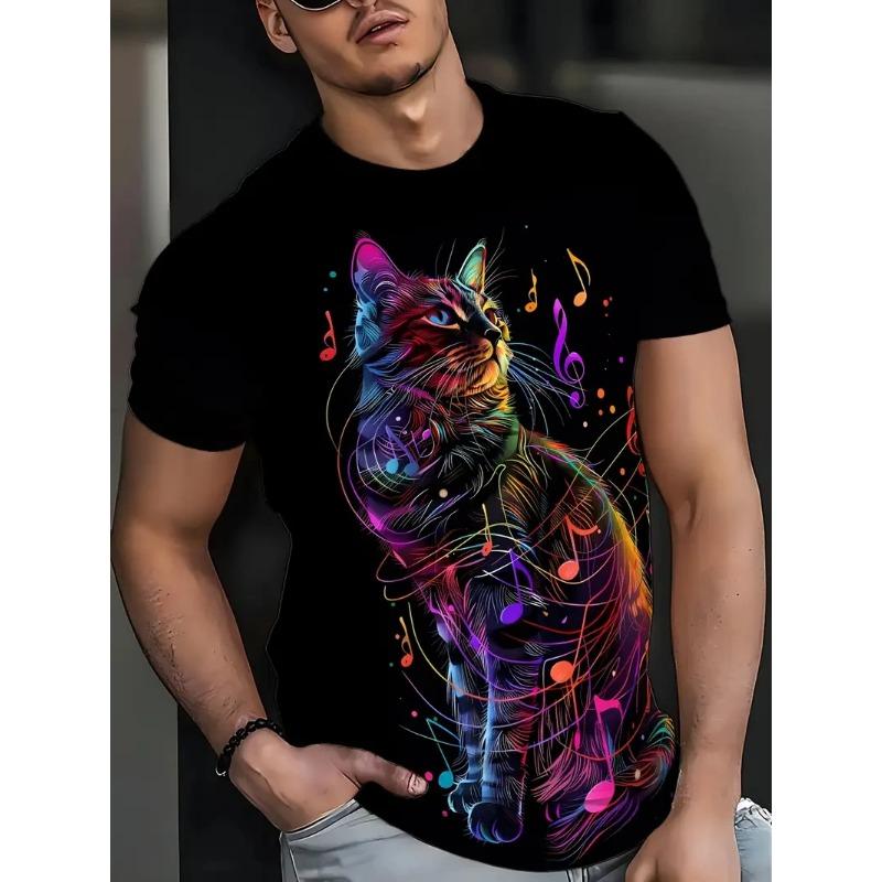 Summer Outdoor Fashion Round Neck Tops 3D Animal Cat Pattern Print Large Size Loose Men's T-shirts