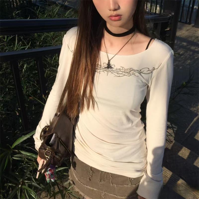 VAYLA Y2k Gothic Print T-shirt Trashy 2000s Style Long Sleeve Tops Vintage Harajuku Streetwear American Retro T-shirts