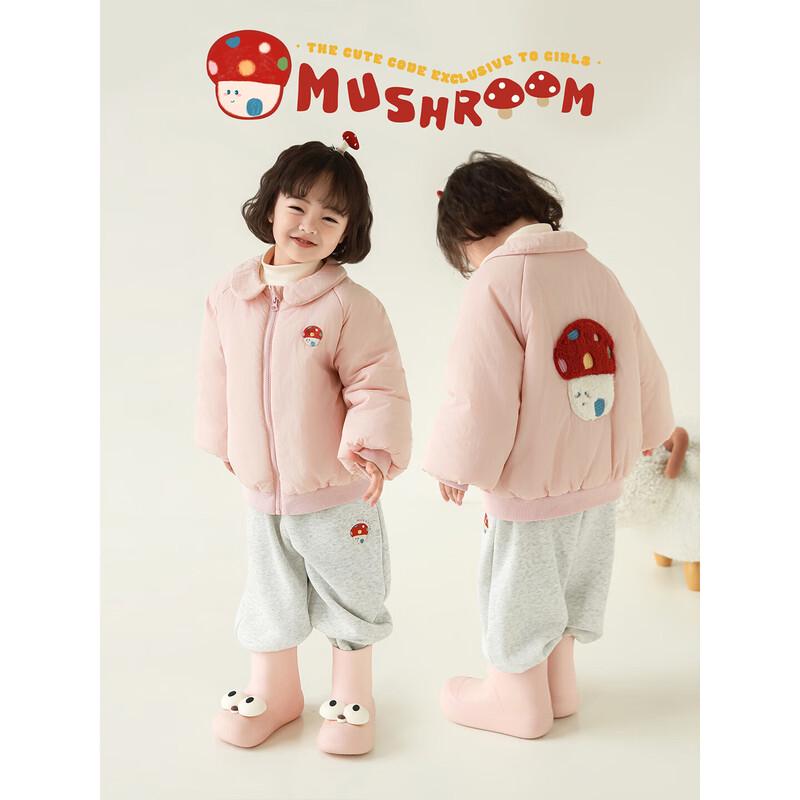 Girls' Mushroom Embroidered Doll Lapel Winter Puffer Coat