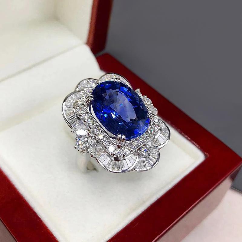 Huitan Luxury Women Wedding Rings with Oval Blue CZ Aesthetic Flower Design Ring for Engagement Party Temperament Lady Jewelry