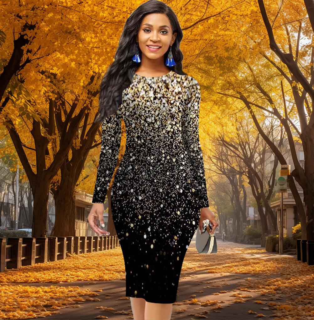 Elegantní bodycon šaty s dlouhým rukávem, vypasované v pase, kancelářský slim fit, s potiskem hvězdné oblohy s puntíky