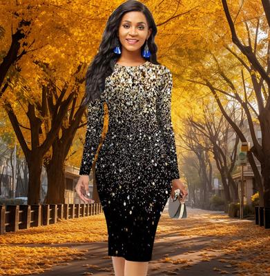 Long Sleeve Waist Tight Office Slim Fit Starry Sky Dot Printing Elegant Bodycon Dress