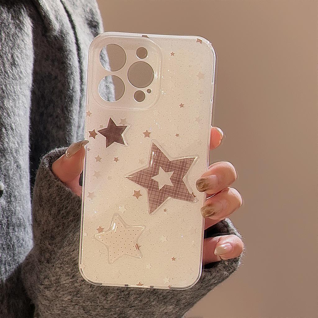 Dreidimensionale braune karierte Sternhülle für Apple 16 Handyhülle Glitzerpuder Iphone15promax Weiche Hülle 14 Doppelschicht 11
