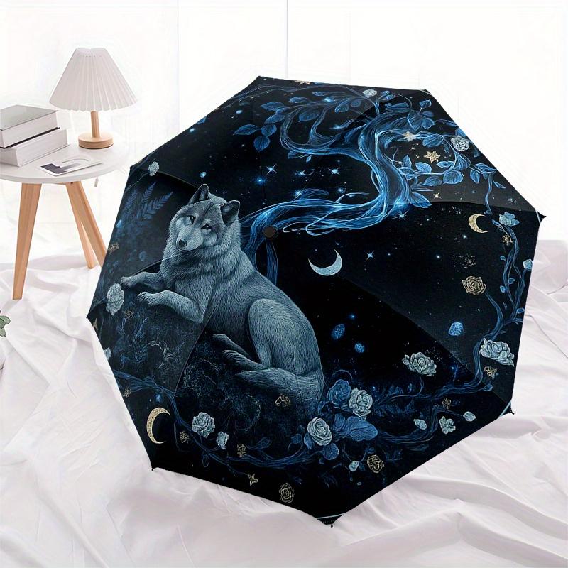 Verzauberter Nachtwolf Wandkunst: Mystischer Mondlicht-Wald-Dekor-Regenschirm, Tragbarer 3-Fach Kompakter Regenschirm für Männer & Frauen Geschenk