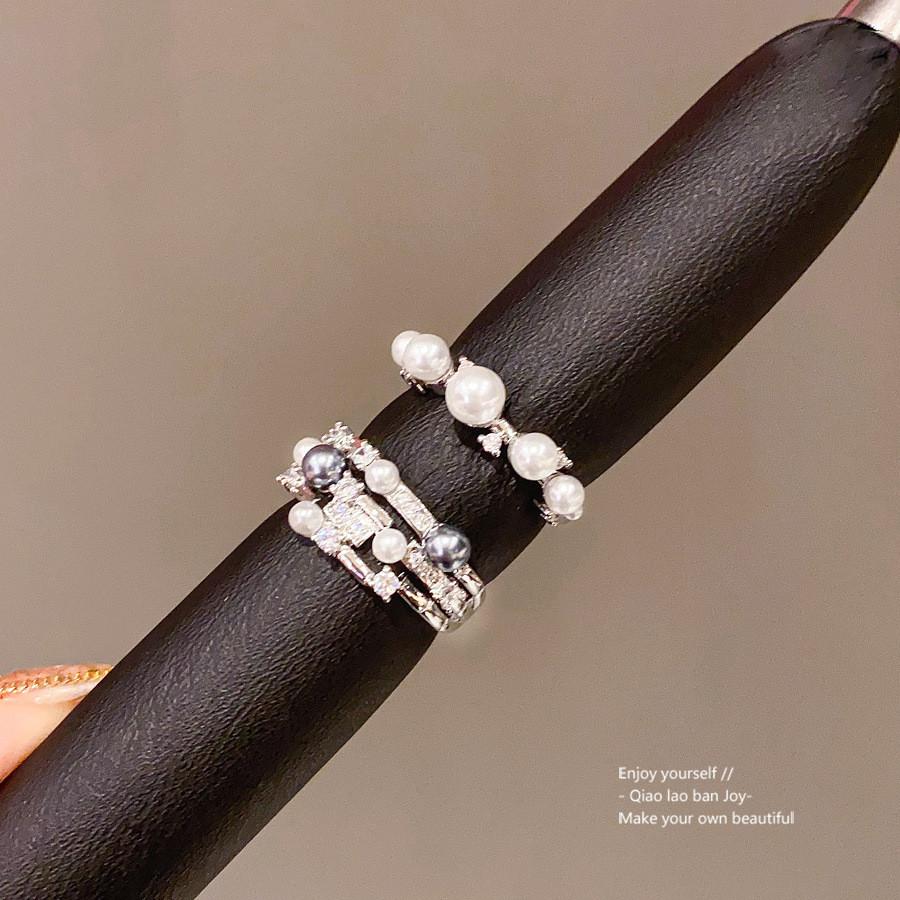 Zircon Threelayer Pearl Open Ring For Women Geometric Style Elegant Jewelry