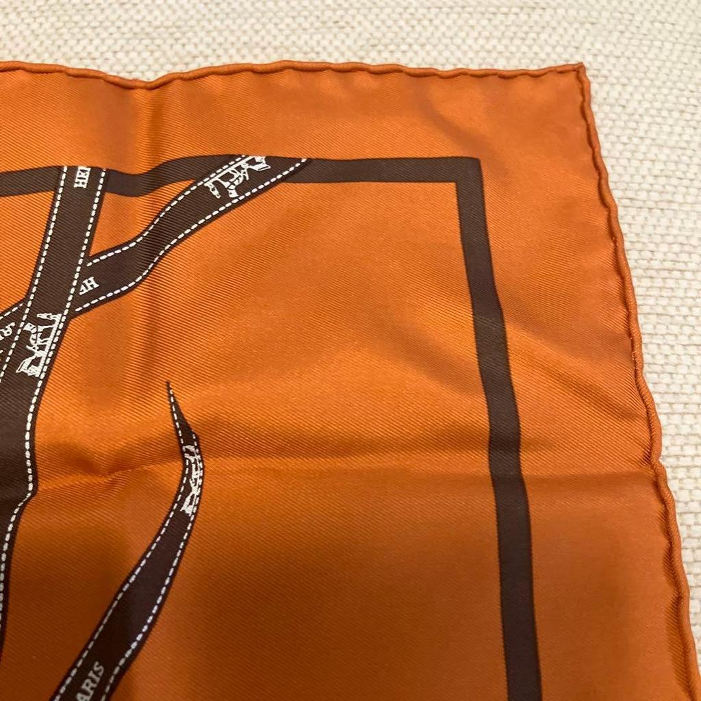 Used HERMES Kare45 Pocket Square Bolduc (Ribbon Pattern) Orange