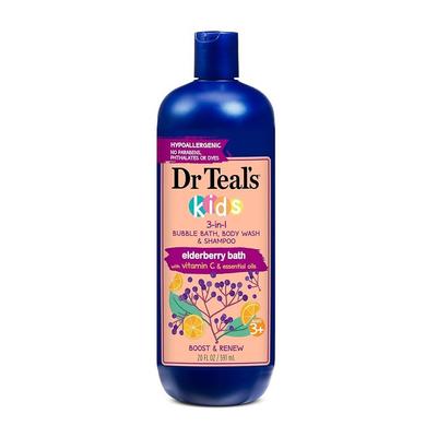 Dr Teal's Kids' 3 In 1 Bubble Bath Body Wash & Shampoo Elderberry 20oz with Vitamin C Essential Oil, Elderberry Bath, 591.5ml
