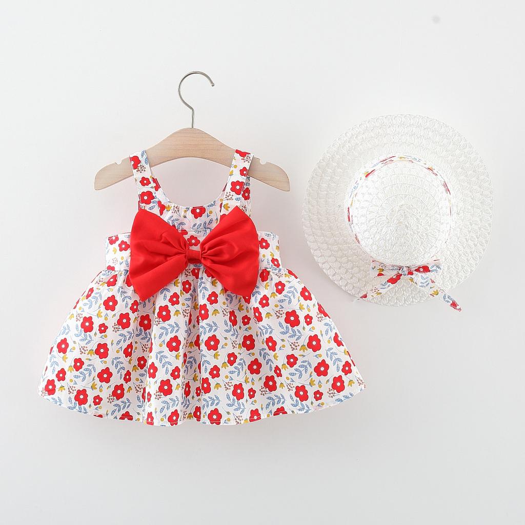 Summer Girls Cotton Princess Dress With Hat Large Bowknot Front Cute Kids Clothing For Little Girl Party Wear