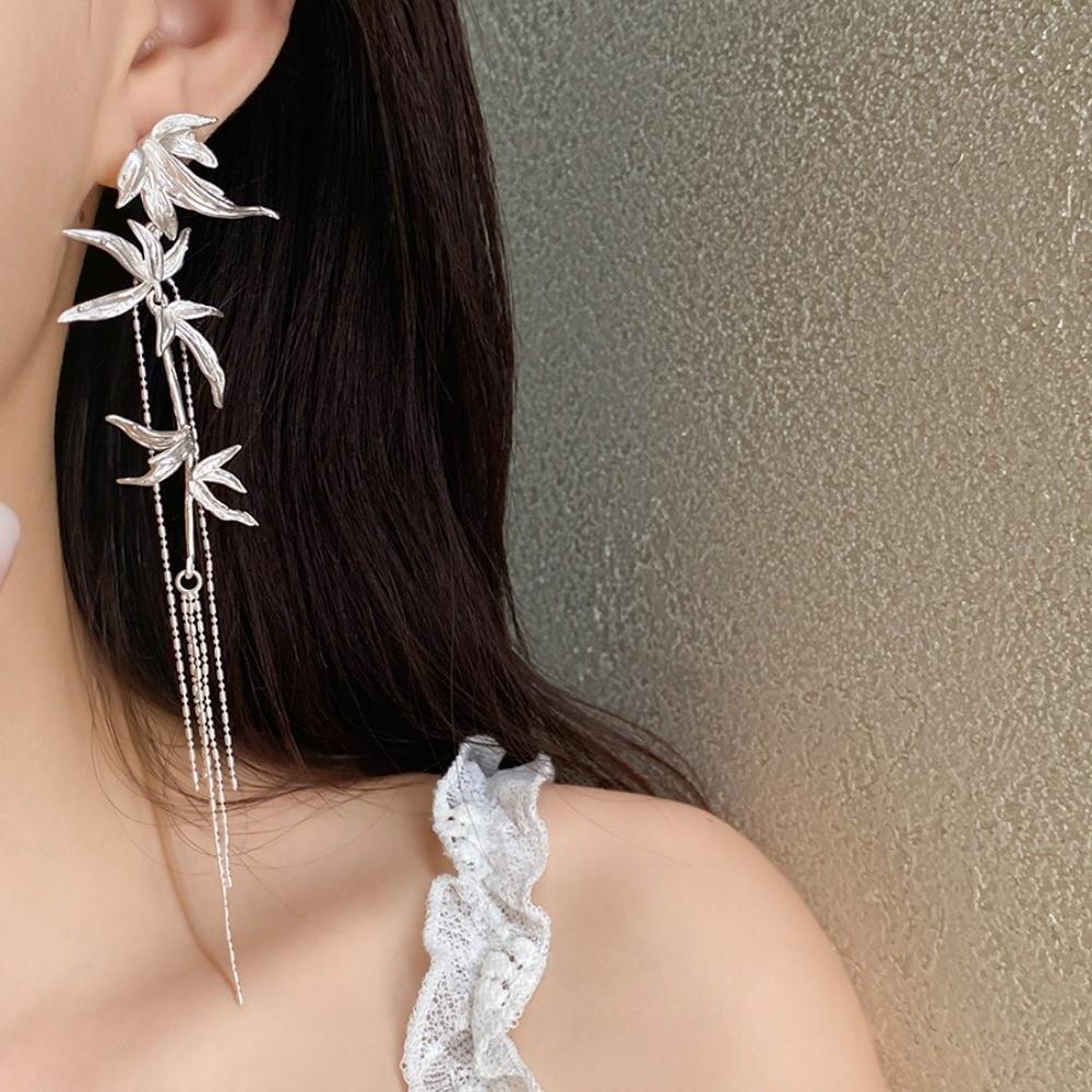 Chinese Ancient Style Long Tassel Dangle Earrings Zinc Zinc Alloy Ear Jewelry Bamboo Leaf Earrings Women