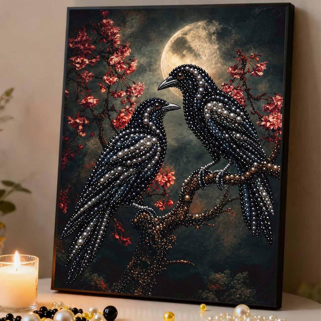 Moonlit Crow Couple Pearl Painting Kit with Frame Sparkling Bead Canvas Romantic Handmade Wall Decor Gift for Women DIY Craft Art Project