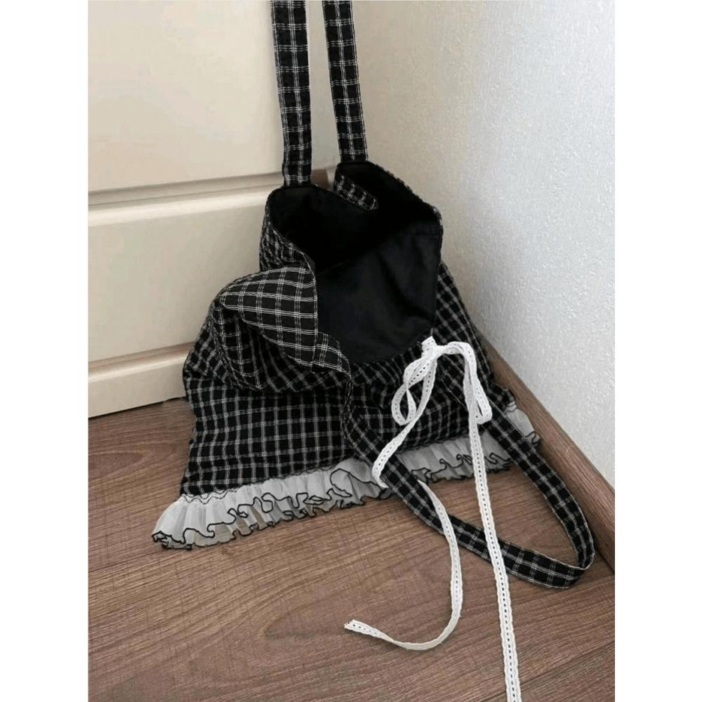 Back To School Retro Polka Dot Heart Commuter Canvas Tote Bag, Large Capacity Suitable For University Students, Handbag, Shoulder Bag