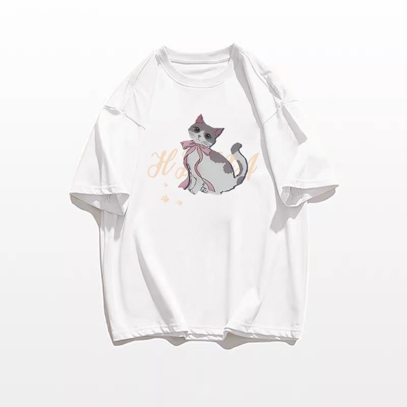 2025 Retro Cartoon Cat Cotton T-Shirt for Women - Summer Loose Fit