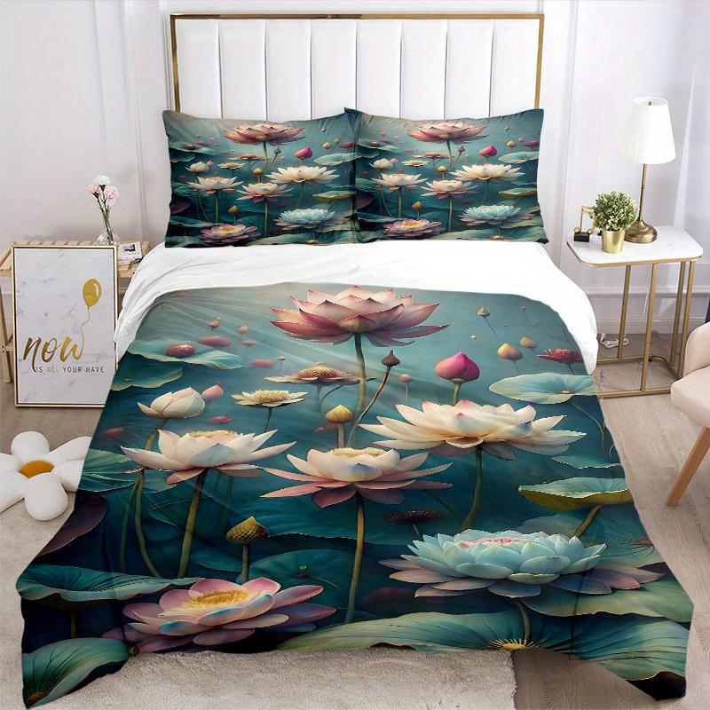 3pcs Lotus Pond Soft Comfortable Bedding set, For Bedroom, Guest Room And Dorm, All - Season Use, High-Definition Printing149