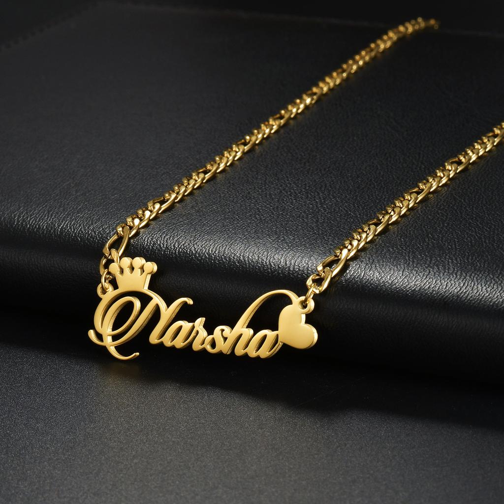 Atoztide Personalized Custom Name Necklace for Women Stainless Steel Crown Heart Nameplate Figaro Chain Birthday Jewelry Gift