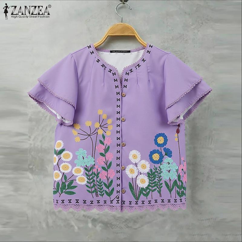 ZANZEA Women Summer V-Neck Casual Floral Print Short Sleeve Blouse