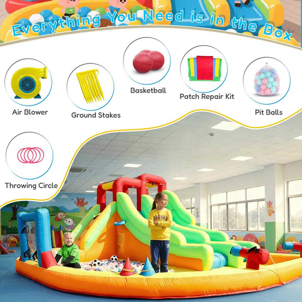 Tobogán de Agua Inflable Doble Carril Bouncer Combo Casa de Brincar con Piscina de Agua, Trampolín, Red de Tiro, Canasta, Escalada