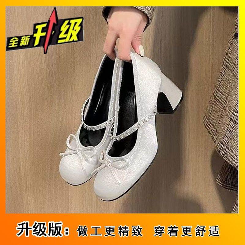 

Gentle high heels women s 2025 new single shoes rhinestone round head shallow mouth word with bow French Mary Jane shoes 40