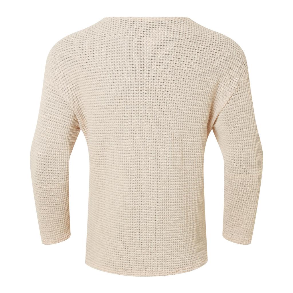 Spring Men's Fashion Knit T-Shirt Solid Color V-Neck Long Sleeve Leisure Streetwear Popular Hollow Out Loose Tees