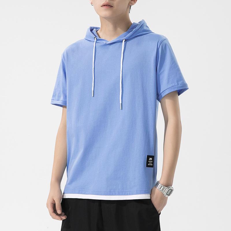 

Мужская однотонная хлопковая футболка с капюшоном и короткими рукавами Kunhai Pengyun: Модный американский дизайн из двух частей 2XL