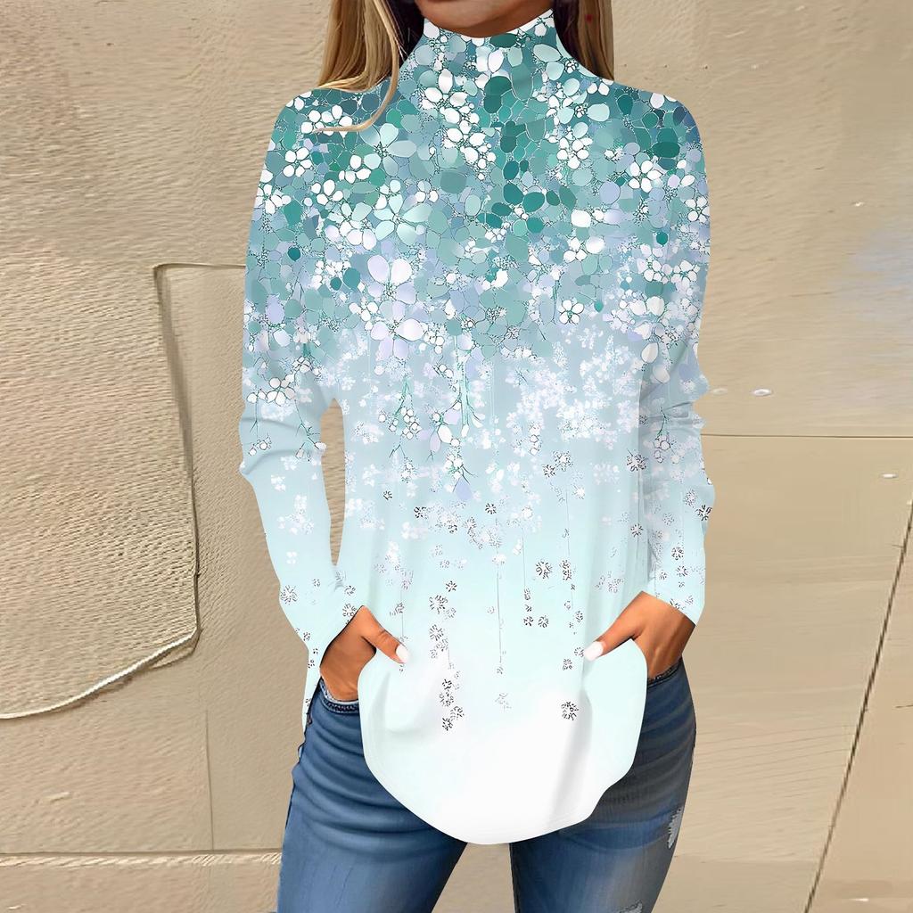 Women's Fashionable Casual High Neck Printed Long Sleeve T-Shirt Pullover Top