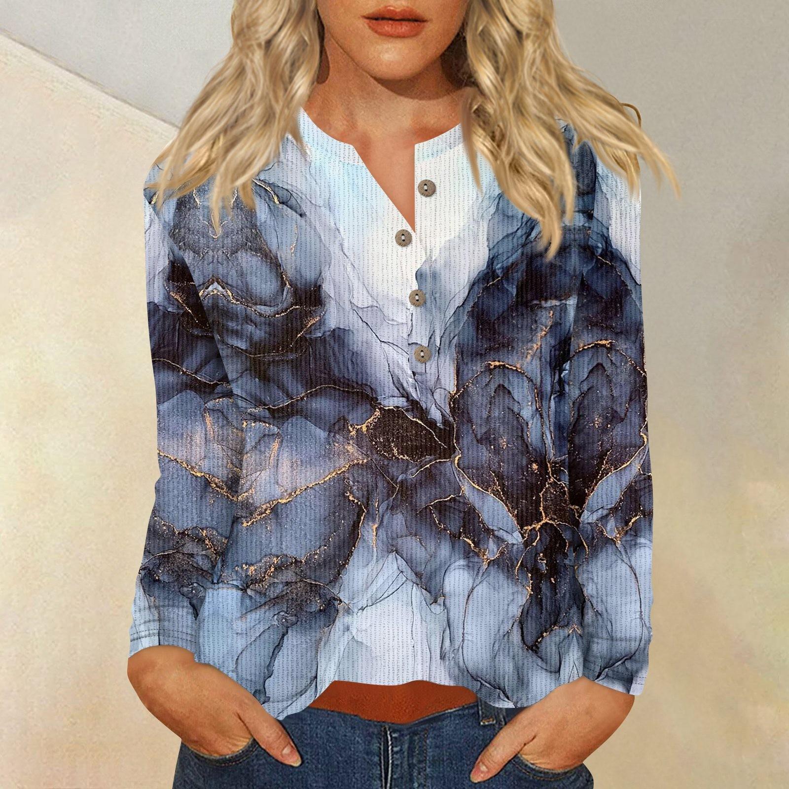 

Жен. Футболка Футболка С принтом Пуговицы Длинный рукав Повседневные Выходные Мода Классический V-образный вырез Обычный Верх L тёмно-синий