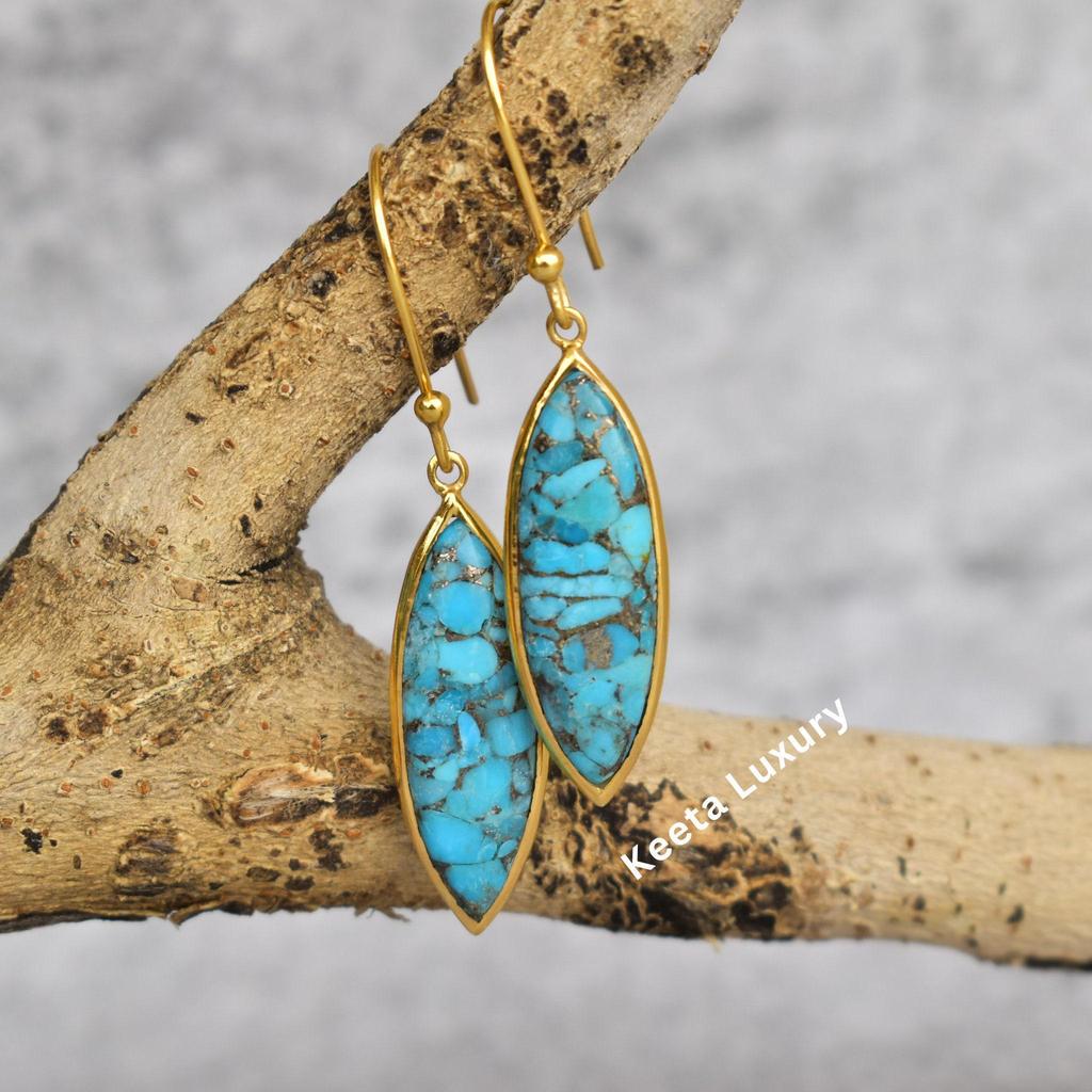 Genuine copper turquoise earrings Handmade turquoise dangle Sterling silver long earrings Marquise dangle Bridesmaid gift Gift for her