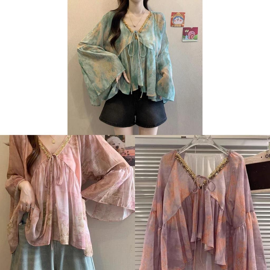 Sommer Chiffonbluse mit 3D-Druck und V-Ausschnitt für Damen