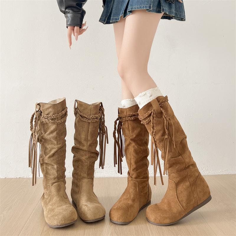 Maillard Retro Flat-bottomed Inner Height-increasing Boots Women's Boots 2025 New Autumn with Skirt Western Pile Boots