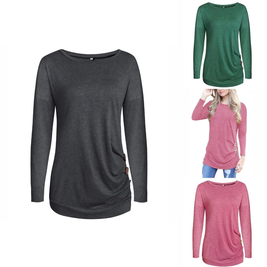 Stylish Long-sleeve Button Detail T-shirt For Women In Various Colors And Sizes
