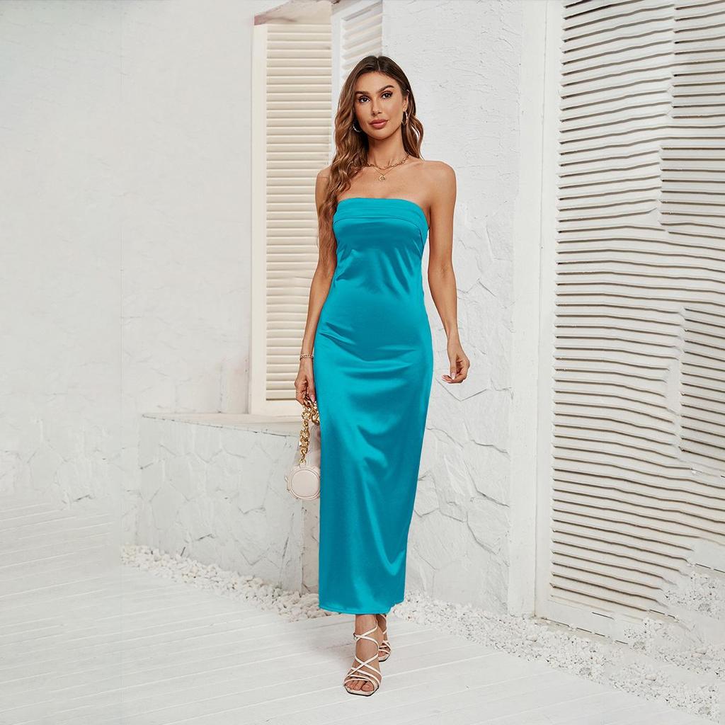 Frauen Design Sinn Rückenfreies Bustier Solide Ankel-Länge Ärmelloses Kleid Hohe Taille