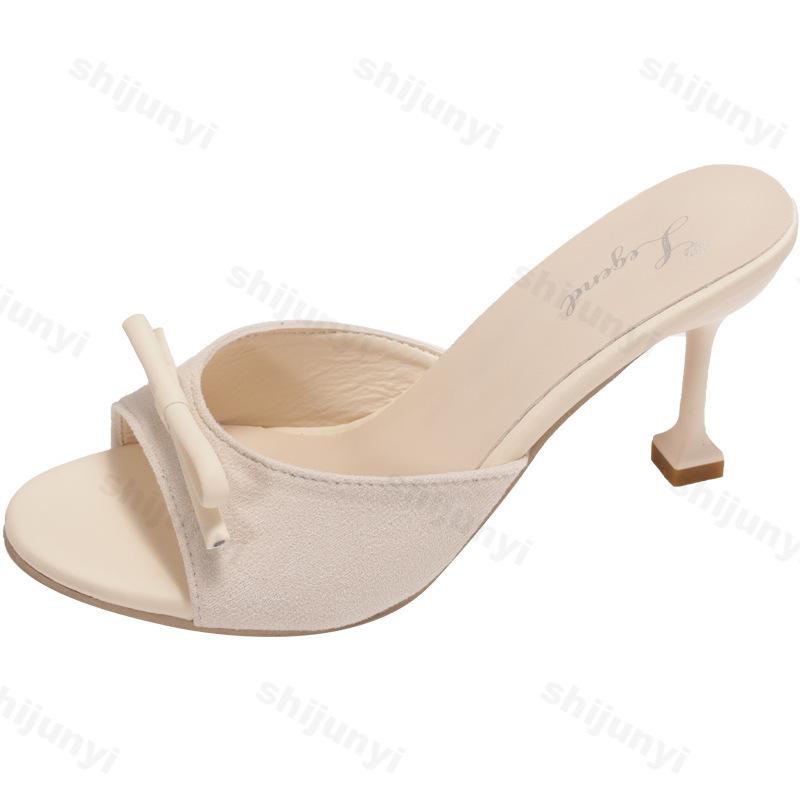 

Fashion Elegant Bow Designed Casual Slippers for Women 2025 Summer New Open Toes Breathable Comfortable Sandals Slim Heel Beach Draggers 35