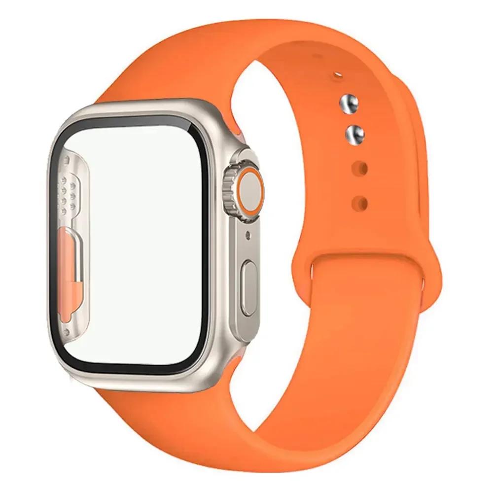 Silicone Strap+Case For Apple Watch Band 44mm 45mm 41mm 40mm Tempered Glass Cover Change to Ultra iWatch Series 9 8 7 SE 6 5 3