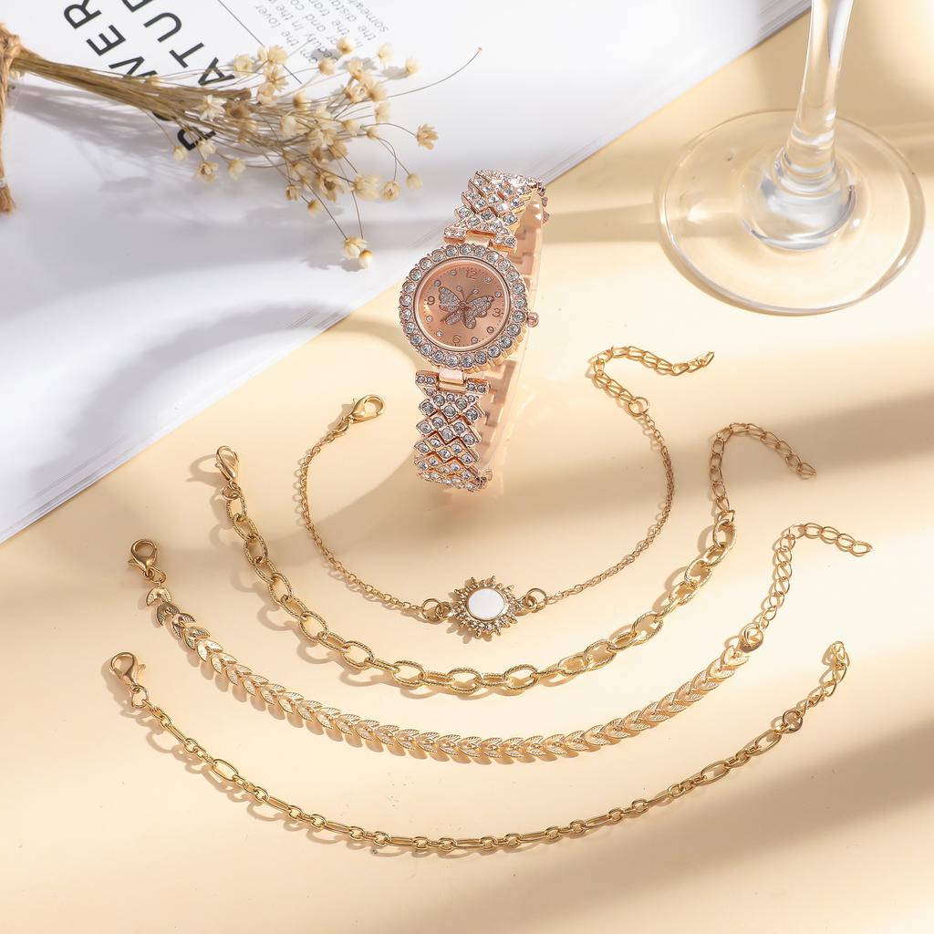5pcs/set; Simple Ladies' Quartz Watch with Butterfly Dial; Set of Watches and Bracelets for Girls; Suitable for Birthday Gifts