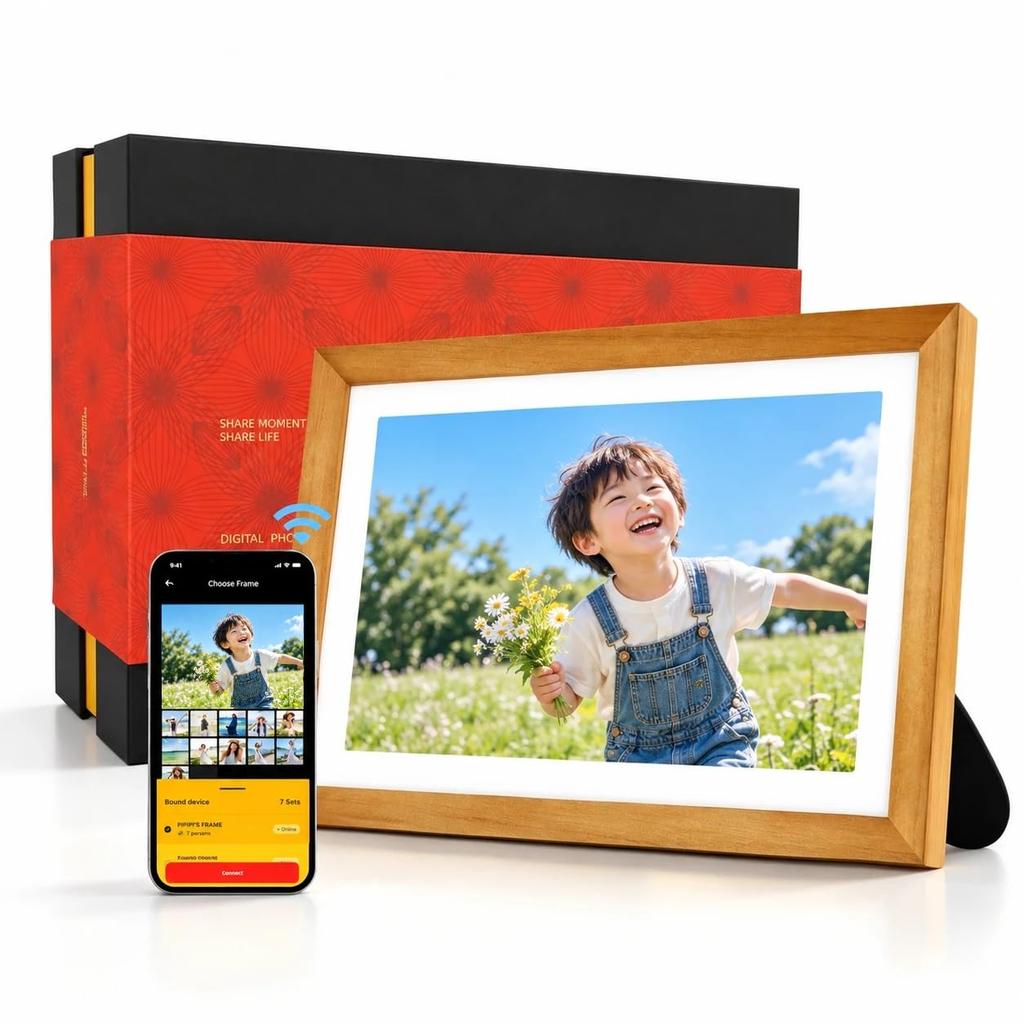 KODAK New Release: Rechargeable Wi-Fi Digital Photo Frame, 10-inch, 32GB Built-in Storage, Real-time Sharing, SD/USB Compatible, Natural Wood, Touchsc