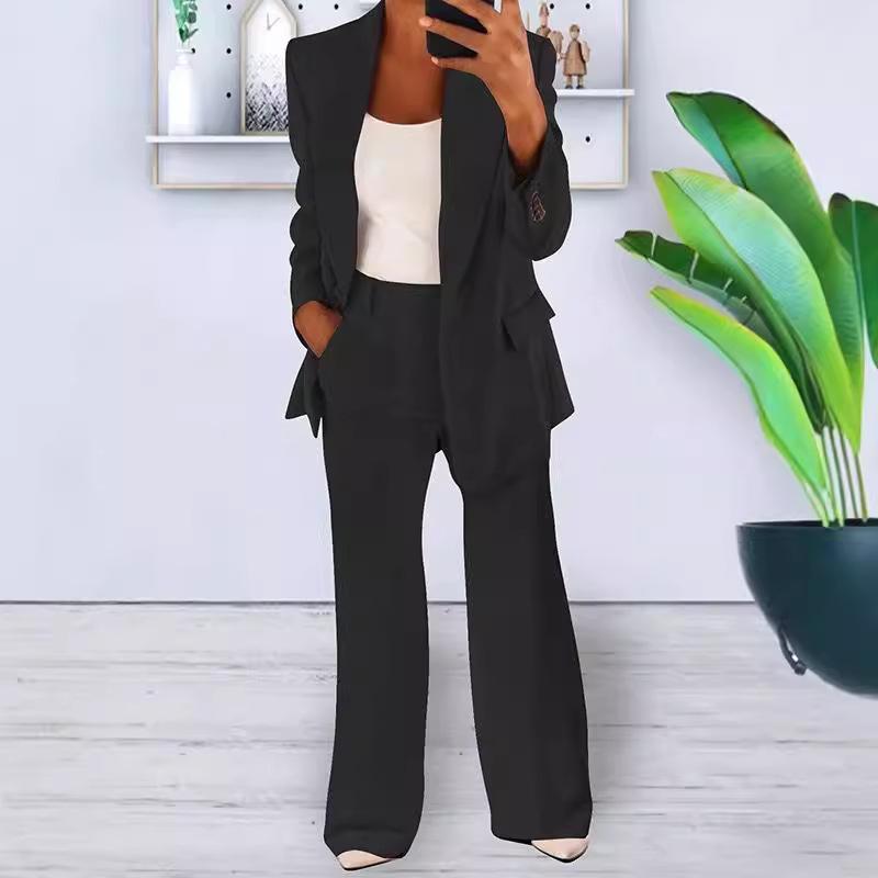 Women's Black Suit Set with Wide Leg Pants and Blazer, Multiple Color Option