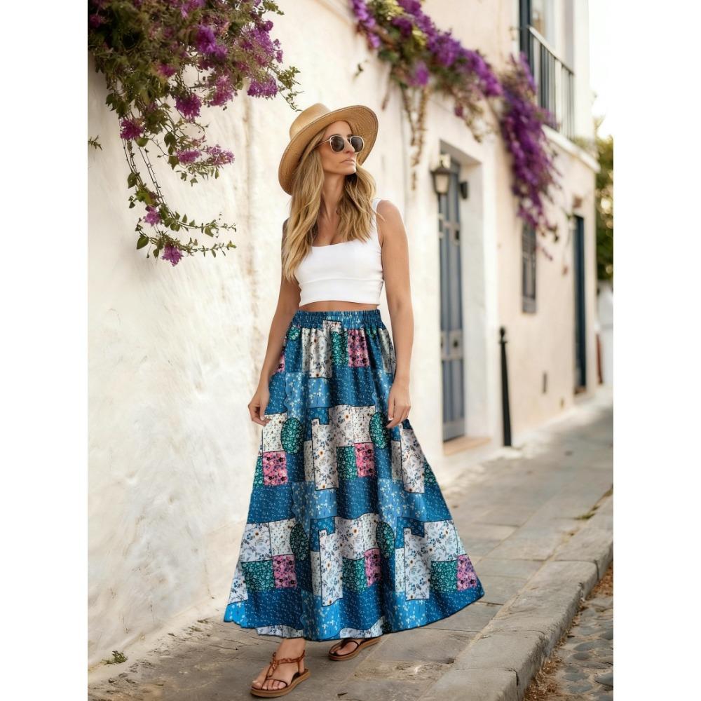 Plus Size, Plus Size Women's Elastic Waist Rose Print Long A-Line Bohemian Vacation Beach Skirt