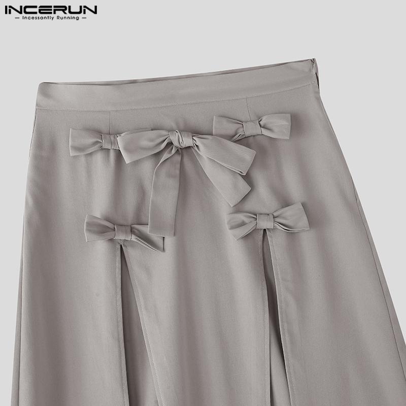 INCERUN Men High Waist Side Zip-Up Bow Kont Long Party Splits Kilt Skirts