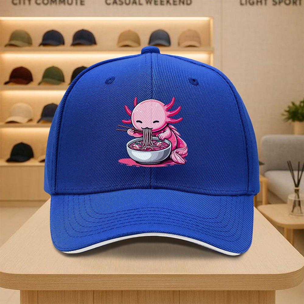 Cute Axolotl Eating Ramen Noodle Baseball Cap Funny Pink Amphibian Graphic Adjustable Polyester Hat Casual Outdoor