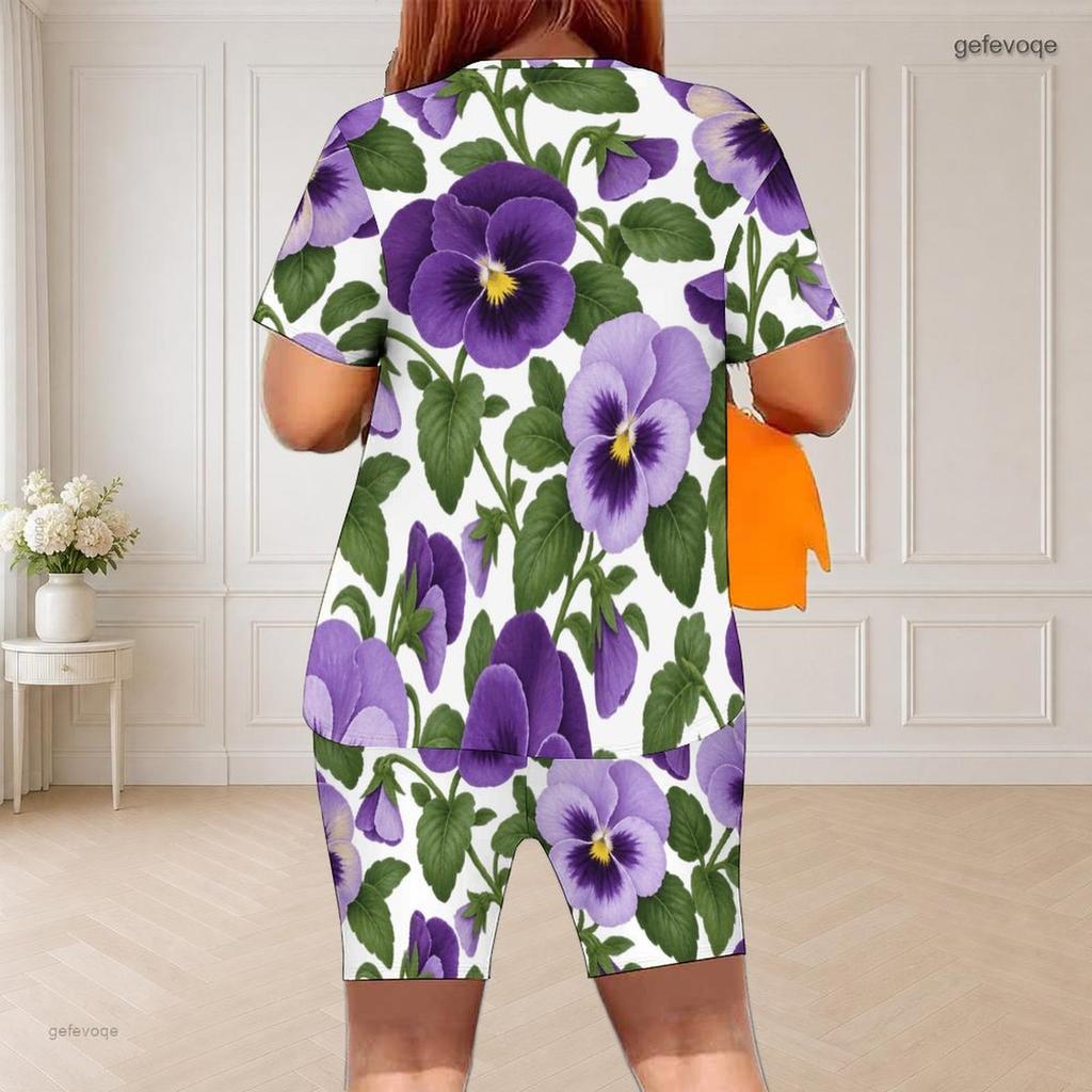 Women Plus Size Round Neck Short Sleeve White Lemon Printed Two Piece Shorts Set