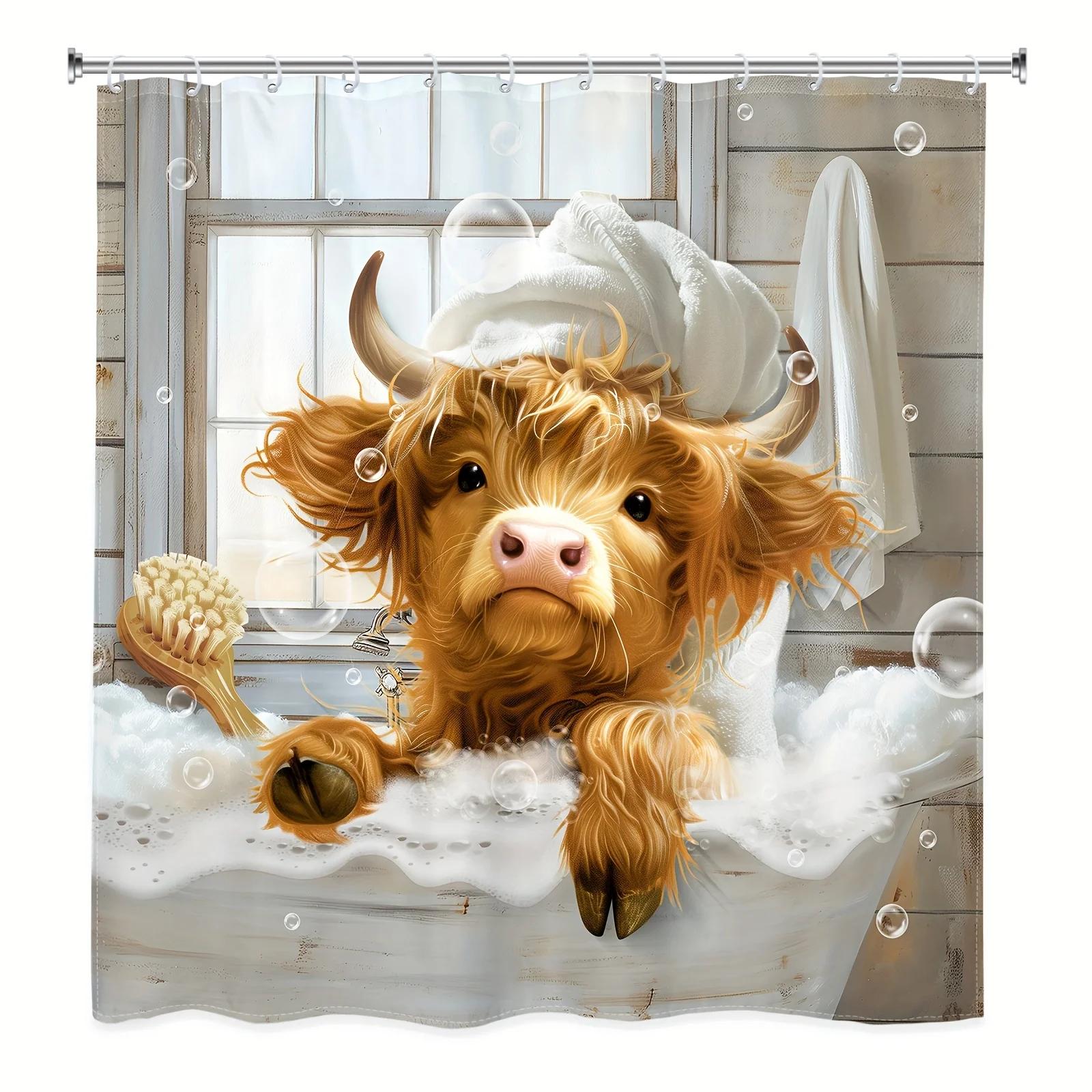 Funny Highland Cow Shower Curtain - Country Western Style Waterproof Fabric with Hooks - Cute Animal Bathroom Decor W90xH180cm